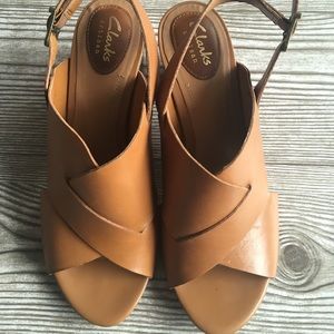 Clarks Artisan camel sandal with ankle strap